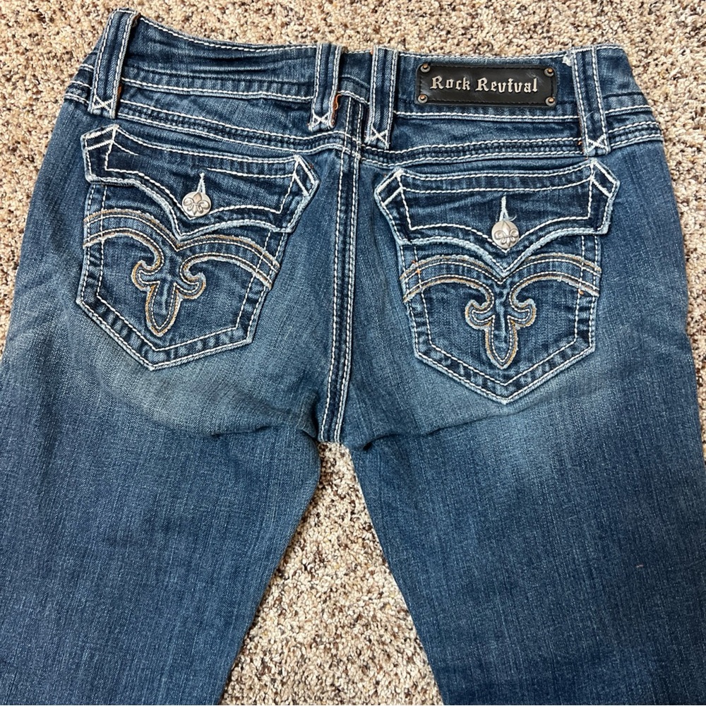 Rock Revival Jeans Boot Cut Whiskering Abrasion White Contrast Stitch Raw Hem